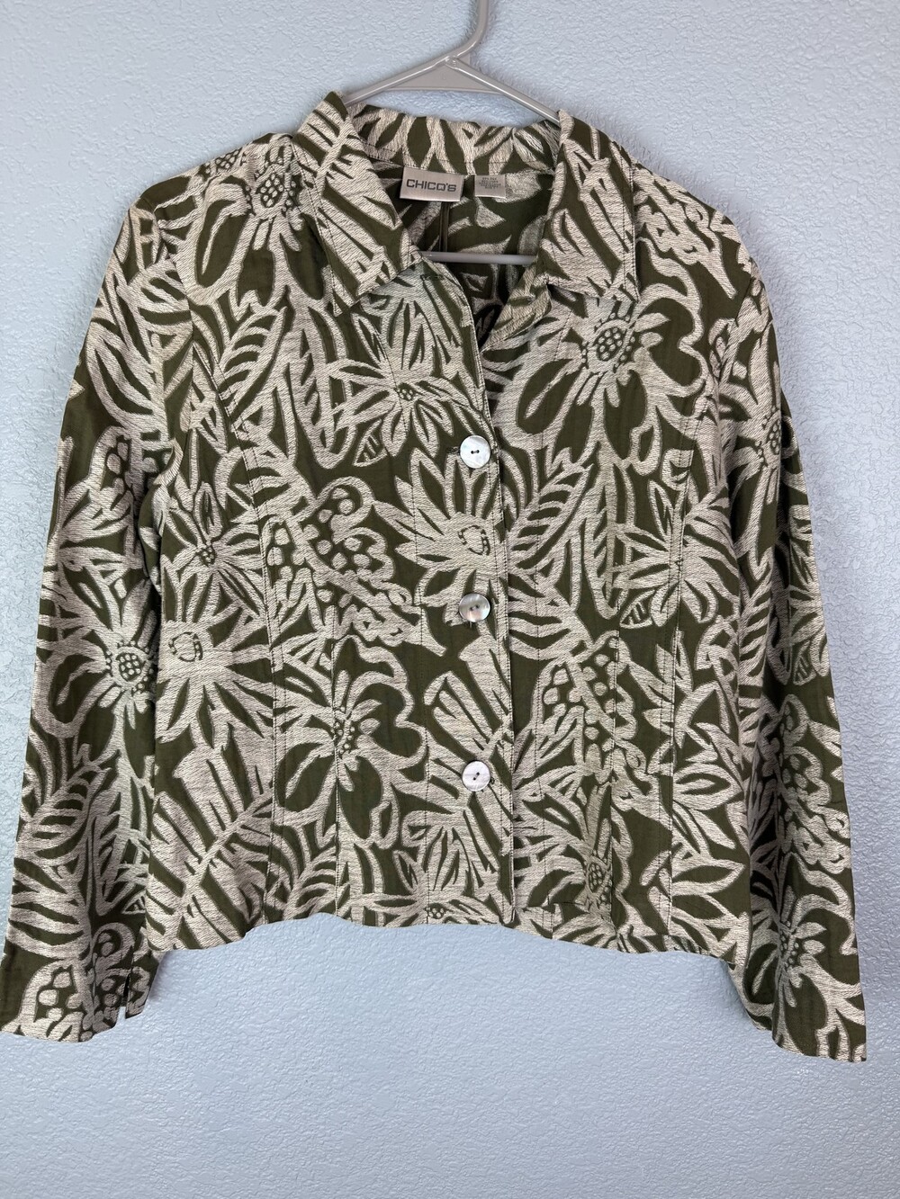 Chicos Jacket Womens Size 1 Green Cream Floral Silk Linen Button Up Boho Spring